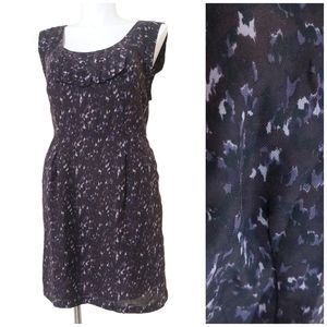 LOFT Size 12 Purple & Black Abstract Print Ruffled Short Evening Cocktail Dress